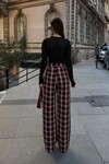 Bordo Yüksek Bel İspanyol Paça Ekose Pantolon