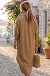 Bronz Yıkamalı Keten Yarım Patlı Cepli Elbise