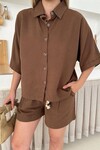 Kahverengi Şort Ve Gömlek Yazlık Pamuklu Alt Üst Takım