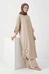 Krem Yanları Büzgülü Uzun Boy Gömlek Pantolon Tensel Kumaş Tesettür Alt Üst Takım