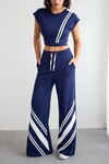 Lacivert Çizgili Modal Kumaş Crop Alt Üst Takım