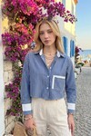 Lacivert Manşet Ve Cepleri Garnili Çizgili Oversize Crop Dokuma Gömlek