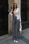 Lacivert Yüksek Bel İspanyol Paça Ekose Pantolon