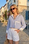 Mavi-Beyaz Manşet Ve Cepleri Garnili Çizgili Oversize Crop Dokuma Gömlek