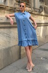 Mavi Fırfırlı Önü Düğmeli Tensel Kumaş Dokuma Elbise