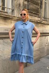 Mavi Fırfırlı Önü Düğmeli Tensel Kumaş Dokuma Elbise