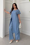 Mavi Önden Ve Arkadan Yırtmaçlı Tensel Kumaş Alt Üst Takım