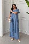 Mavi Önden Ve Arkadan Yırtmaçlı Tensel Kumaş Alt Üst Takım
