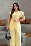 Sarı Asimetrik Kesim Kuşaklı Yazlık Kumaş Alt Üst Takım