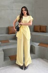 Sarı Asimetrik Kesim Kuşaklı Yazlık Kumaş Alt Üst Takım