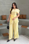 Sarı Asimetrik Kesim Kuşaklı Yazlık Kumaş Alt Üst Takım