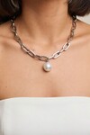Silver Geniş Zincirli İnci Toplu Kolye