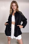 Siyah Çift Cepli Omuzları Ve Sırtı Nakışlı Çıtçıt Kapamalı Oversize Gabardin Ceket