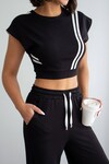 Siyah Çizgili Modal Kumaş Crop Alt Üst Takım
