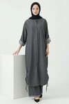 Antrasit Yanları Büzgülü Uzun Boy Gömlek Pantolon Tensel Kumaş Tesettür Alt Üst Takım