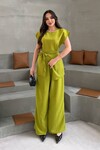 Yağ Yeşili Asimetrik Kesim Kuşaklı Yazlık Kumaş Alt Üst Takım