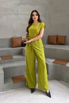 Yağ Yeşili Asimetrik Kesim Kuşaklı Yazlık Kumaş Alt Üst Takım