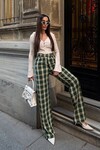Yeşil Yüksek Bel İspanyol Paça Ekose Pantolon