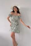 Açık Yeşil Madonna Yaka Çiçek Desenli Krinkıl Elbise BCDF-234603