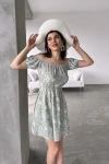 Açık Yeşil Madonna Yaka Çiçek Desenli Krinkıl Elbise BCDF-234603