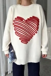 Ekru Süzene Kalp Nakış İşlemeli Oversize Kışlık Triko Kazak BCVL-T243161