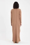 Karamel Dik Yaka Çizgi Desenli Maxi Boy Triko Elbise BCVL-T243139