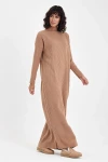 Karamel Dik Yaka Çizgi Desenli Maxi Boy Triko Elbise BCVL-T243139