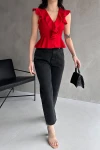 Kırmızı Yakası Ve Kolları Volanlı Crep Bluz BCDF-252161