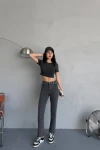 Antrasit Yüksek Bel Yıkamalı Paçası Lazer Kesimli Denim Jean BCNW-251377