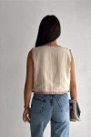 Bej Vintage Çiçek Nakış İşlemeli Yelek BCEQ-25B1001