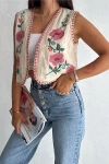 Bej Vintage Çiçek Nakış İşlemeli Yelek BCEQ-25B1001