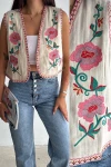Bej Vintage Çiçek Nakış İşlemeli Yelek BCEQ-25B1001