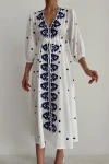 Beyaz Etnik Desenli Nakış İşlemeli Uzun Dokuma Elbise BCEQ-25B1014