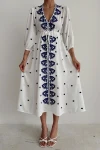 Beyaz Etnik Desenli Nakış İşlemeli Uzun Dokuma Elbise BCEQ-25B1014