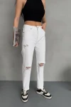 Beyaz Yırtıklı Boru Paça Denim Jean BCNW-251287