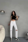 Beyaz Yırtıklı Boru Paça Denim Jean BCNW-251287