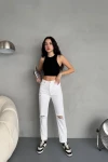 Beyaz Yırtıklı Boru Paça Denim Jean BCNW-251287