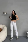 Beyaz Yırtıklı Boru Paça Denim Jean BCNW-251287