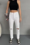 Beyaz Yırtıklı Boru Paça Denim Jean BCNW-251287
