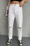 Beyaz Yırtıklı Boru Paça Denim Jean BCNW-251287
