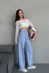 Buz Mavi Yüksek Bel Baggy Palazzo Jean Pantolon BCNW-251414
