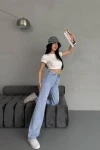 Buz Mavi Yüksek Bel Boru Paça Denim Jean Pantolon BCNW-251422
