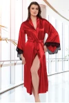 Kırmızı Saten Dantel Detaylı Kimono Uzun Sabahlık BCAN-255901FA
