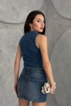 Mavi Düğmeli Ve Cepli Jean Yelek BCNW-251346