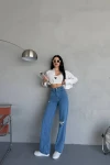 Mavi Yüksek Bel Eskitme Detaylı Denim Jean BCNW-251372