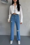 Mavi Yüksek Bel Eskitme Detaylı Denim Jean BCNW-251372