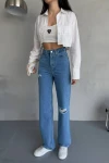Mavi Yüksek Bel Eskitme Detaylı Denim Jean BCNW-251372