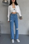 Mavi Yüksek Bel Eskitme Detaylı Denim Jean BCNW-251372
