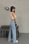 Mavi Yüksek Bel Paçası Lazer Kesimli Palazzo Jean Pantolon BCNW-251423