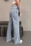 Mavi Yüksek Bel Paçası Lazer Kesimli Palazzo Jean Pantolon BCNW-251423